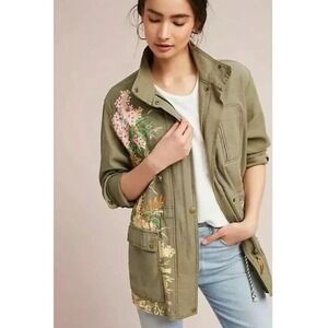 Anthropologie Embroidery Beaded Anorak Jacket Army Green